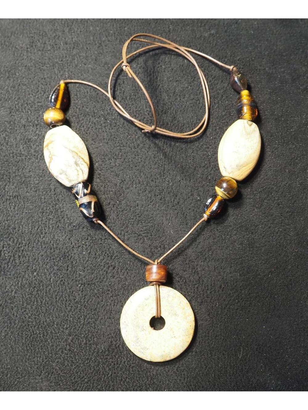 Earthy Tiger's Eye & Natural Stone Donut Pendant Necklace - Adjustable Cord